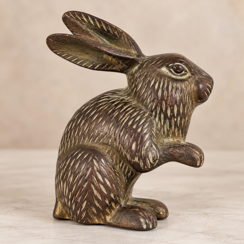 Brass Rabbit Hare Figurine Bronze Vintage Textured Heavy Bunny Decor 4" 1.6 lbs